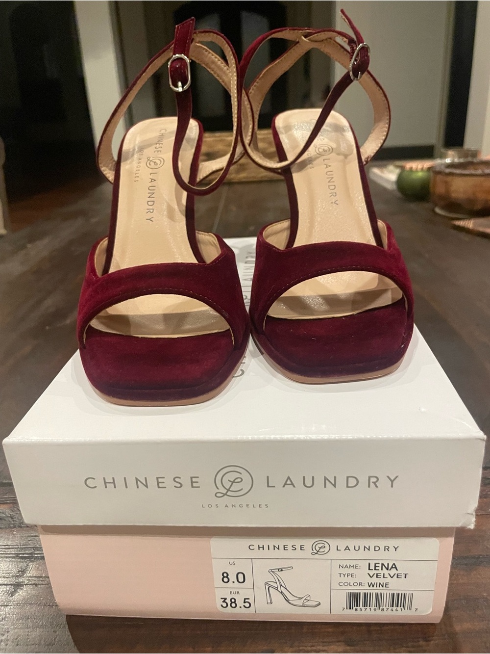Chinese Laundry Velvet Ankle-Strap Sandals in Wine